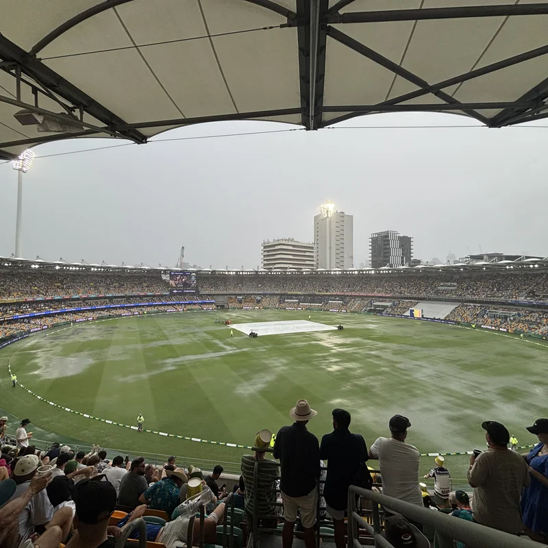 A view of the Gabba Stadium in rain.