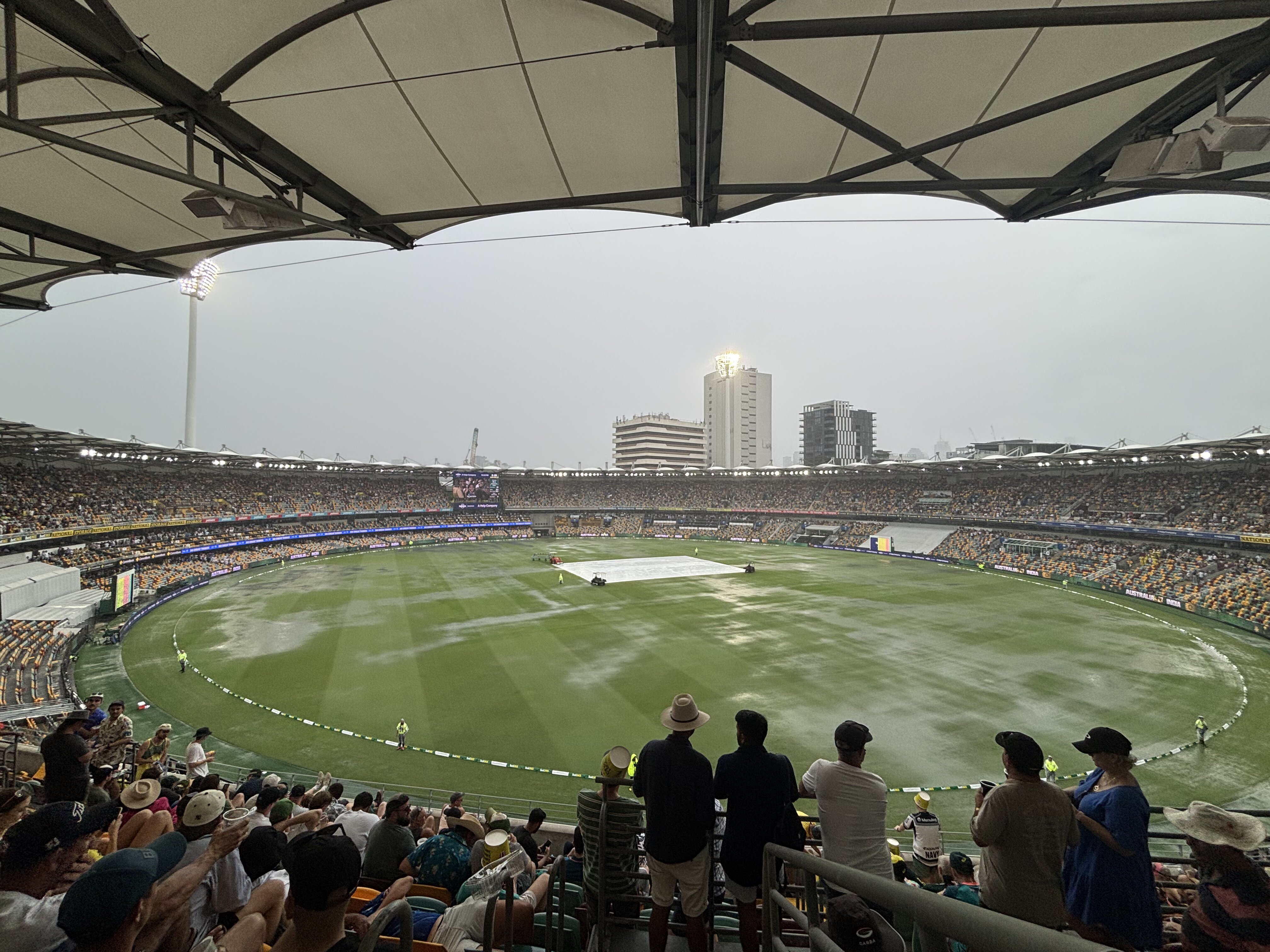 A view of the Gabba Stadium in rain.