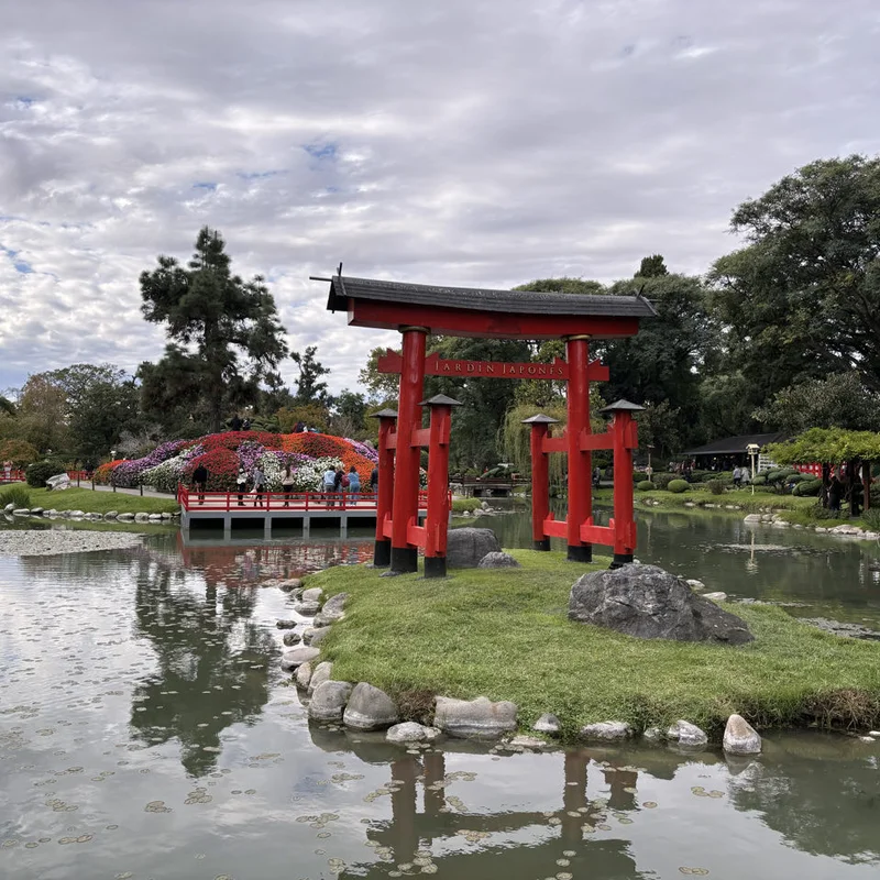 A view of the Japanese Garden with a red gate clearly visible.