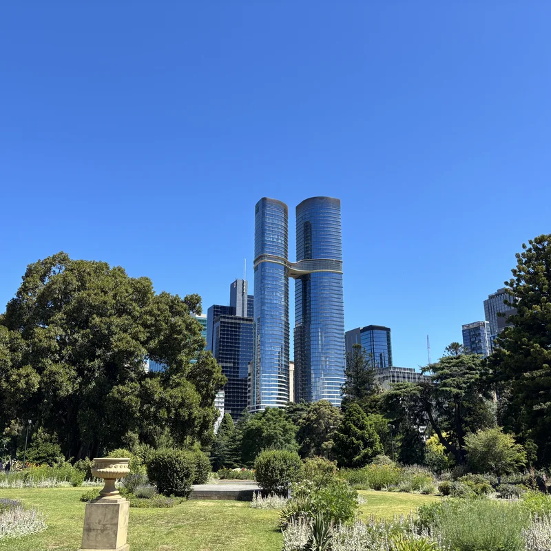 Melbourne Skyscrapers with the park in the foreground.