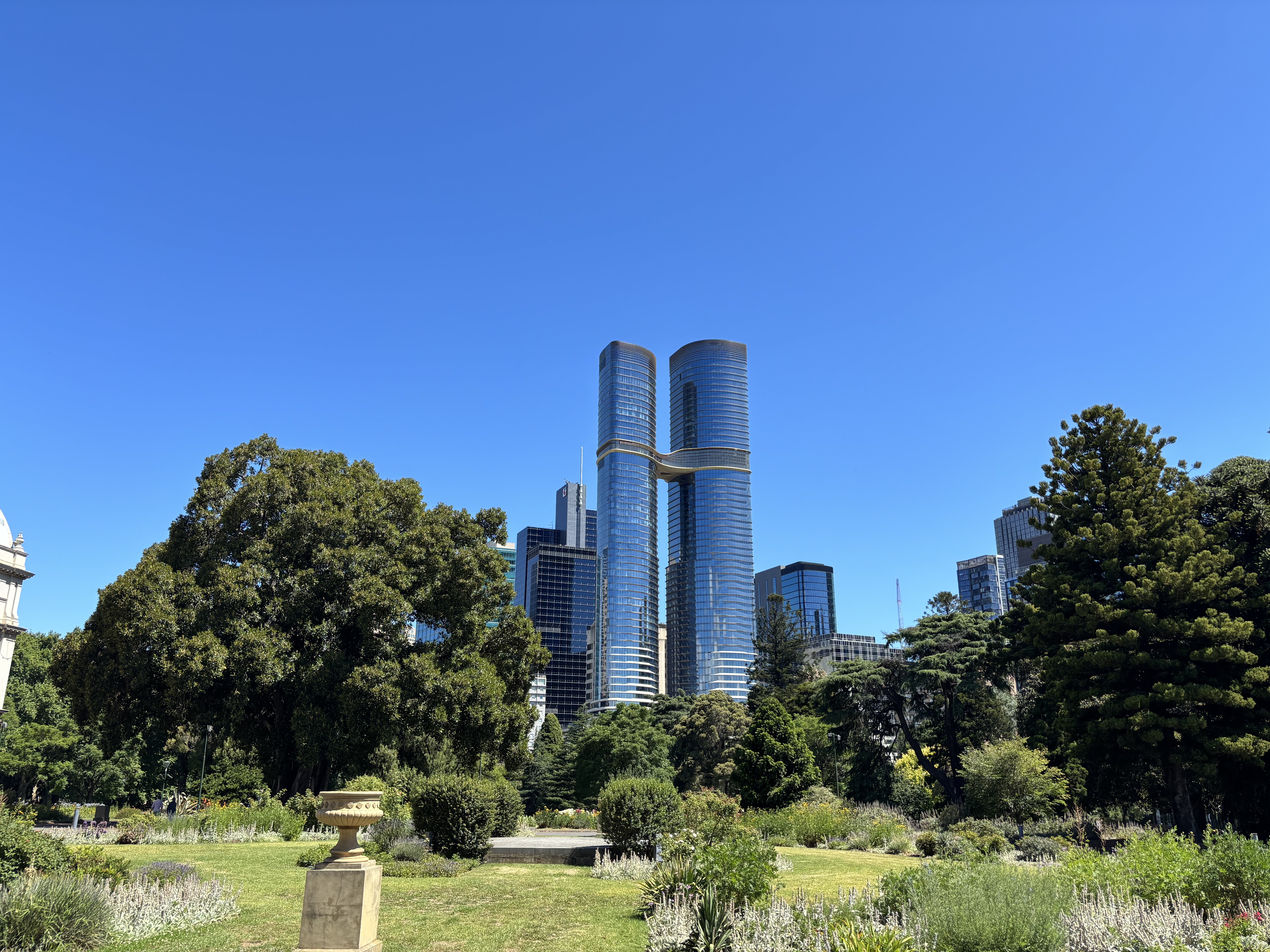 Melbourne Skyscrapers with the park in the foreground.