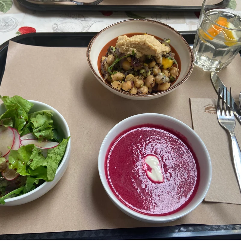 A salad, soup and chickpea dish