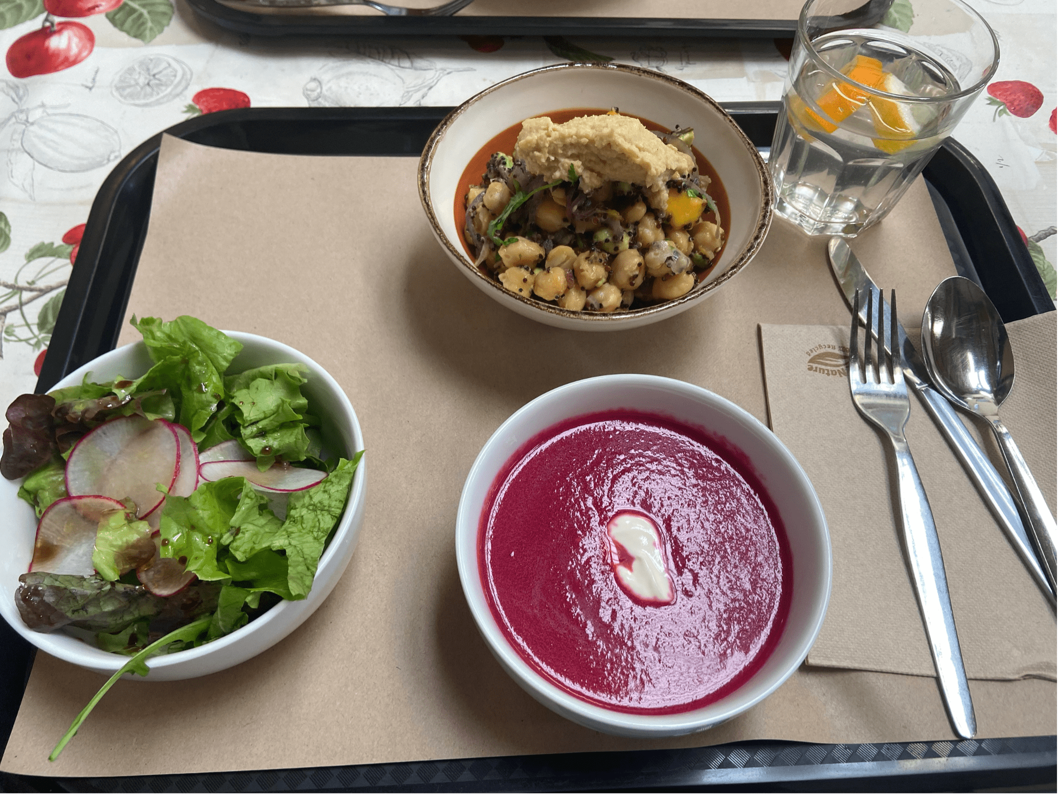 A salad, soup and chickpea dish